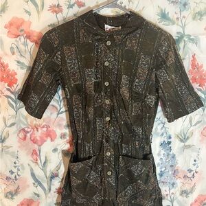 Women's Button Down Shirt - Olive Green Pattern